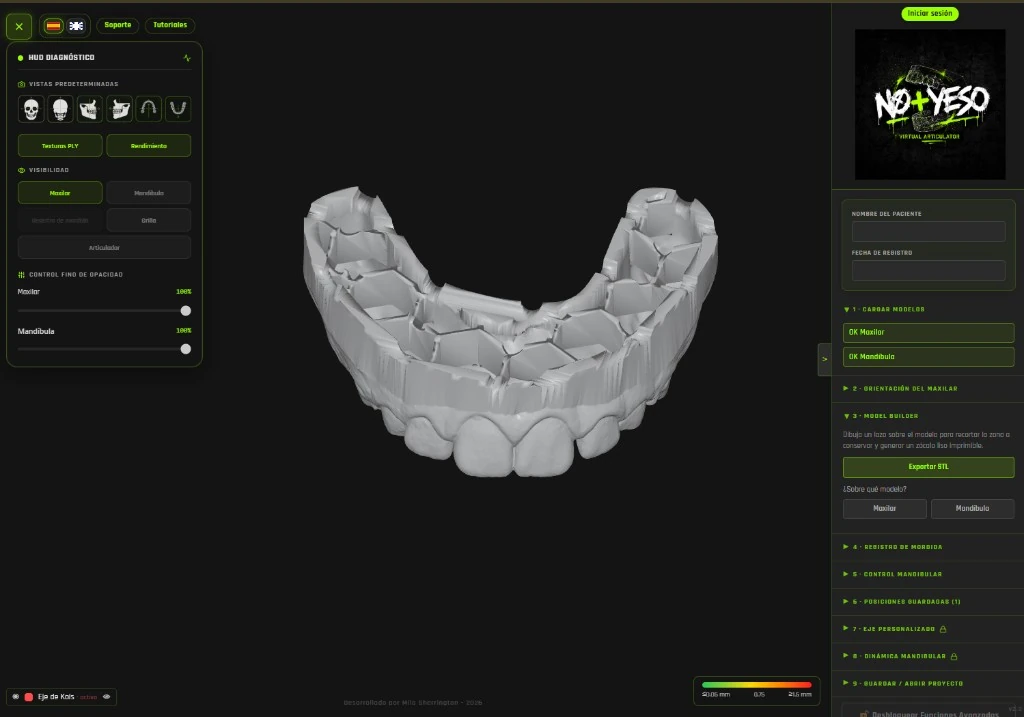 Model Builder del articulador virtual generando un zócalo STL imprimible en 3D